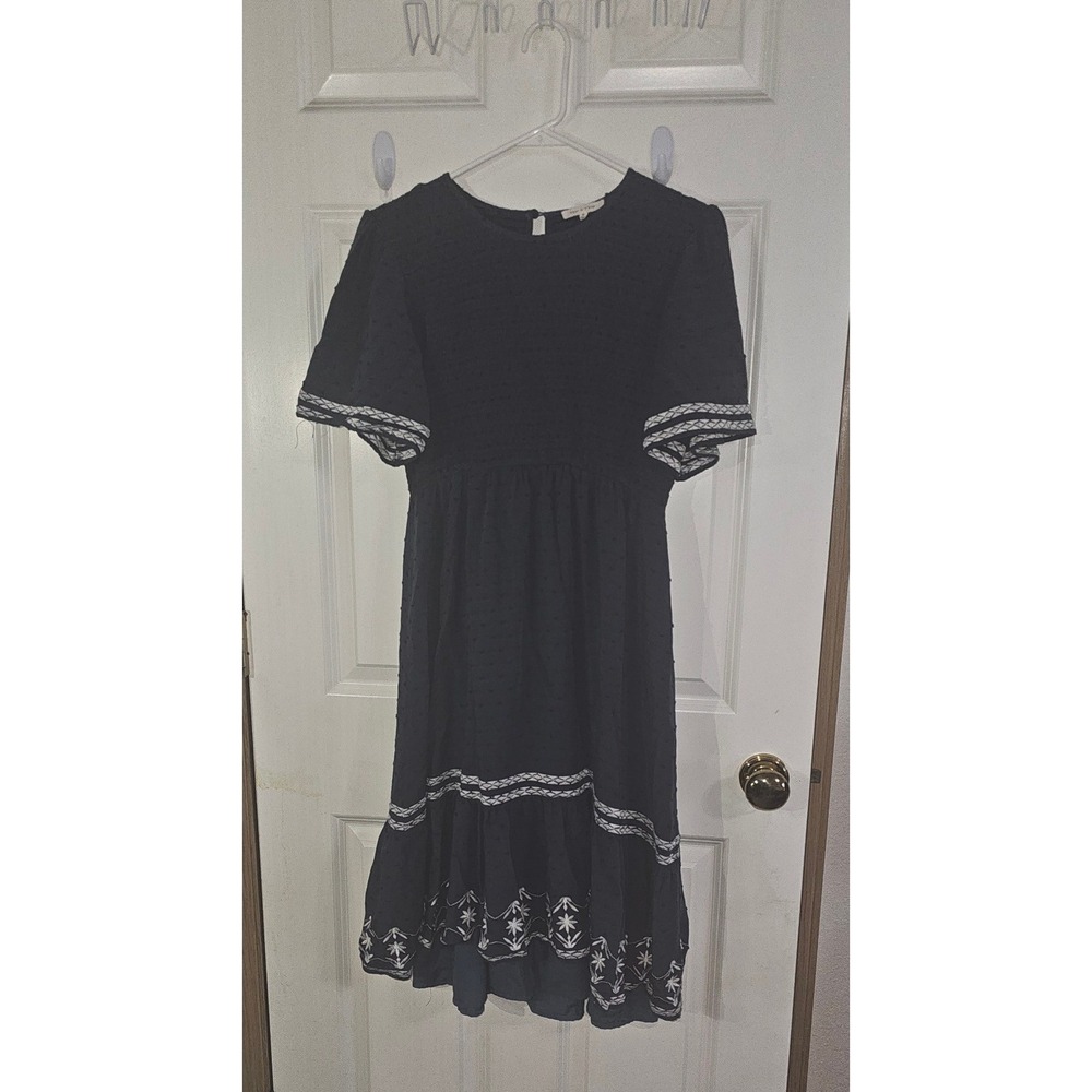 Tea n Rose Navy Swiss Dot Smocked Midi Dress Floral Embroidery Boho Womens M